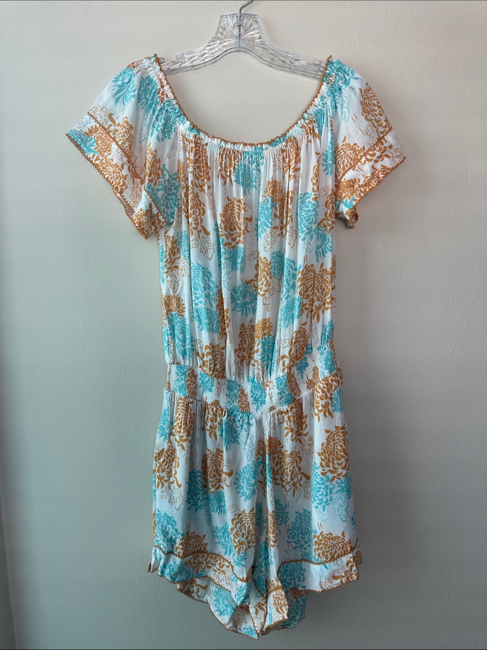 Floral Off-Shoulder Short Romper in White with Teal & Gold Print